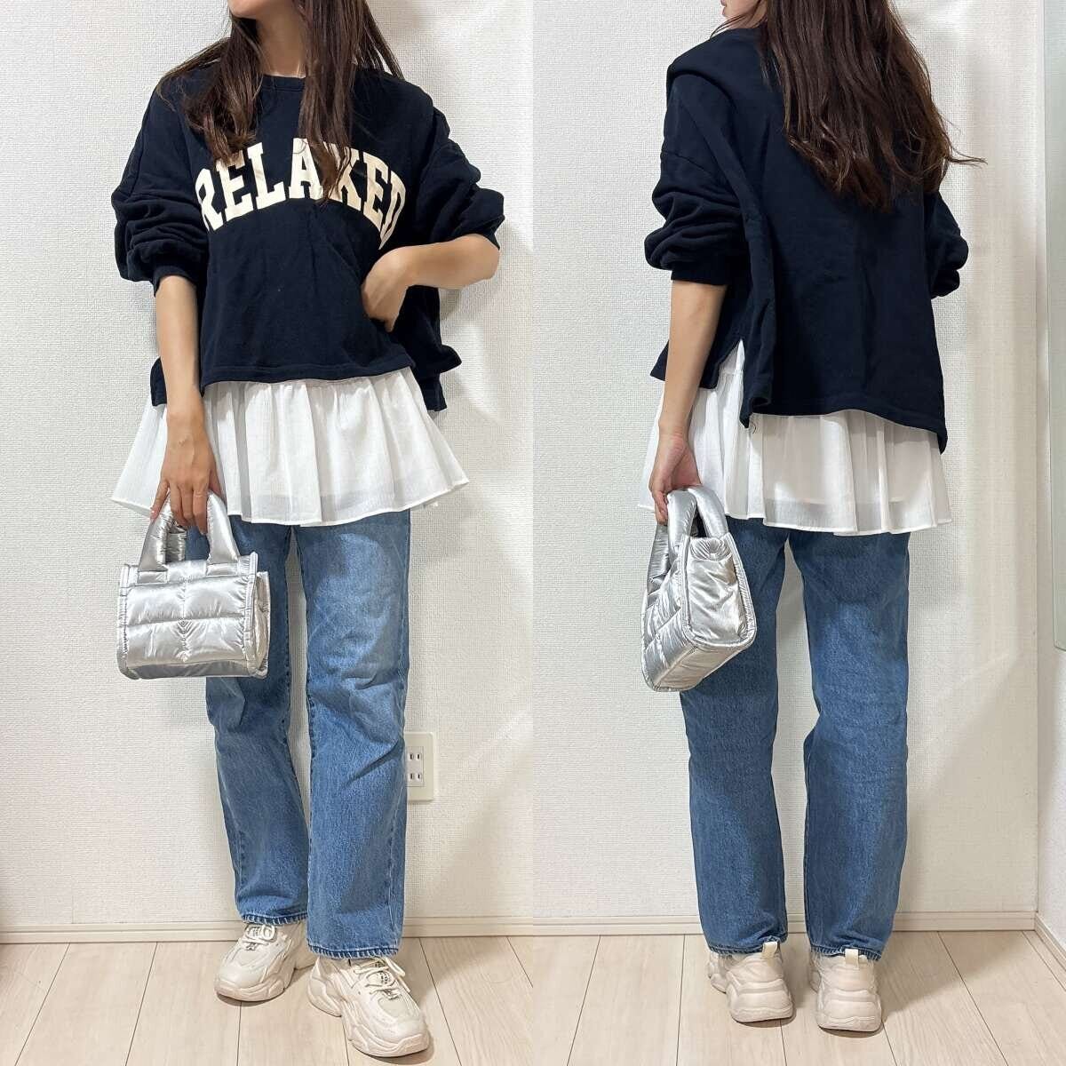GU　キャミソールチュニック　コーデ　デニム　ロゴスウェット　レイヤード