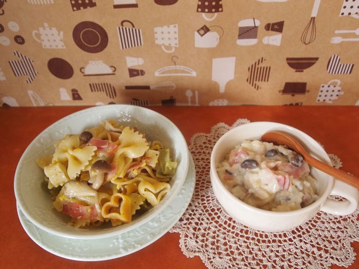 「ベーコンときのこのカルボナーラ風パスタ → 豆乳のクリーミーリゾット」