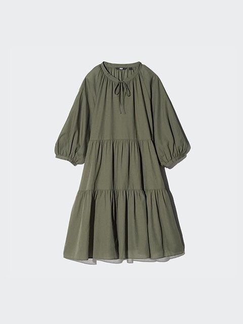 ユニクロ　ティアードミニワンピース／7分袖　OLIVE