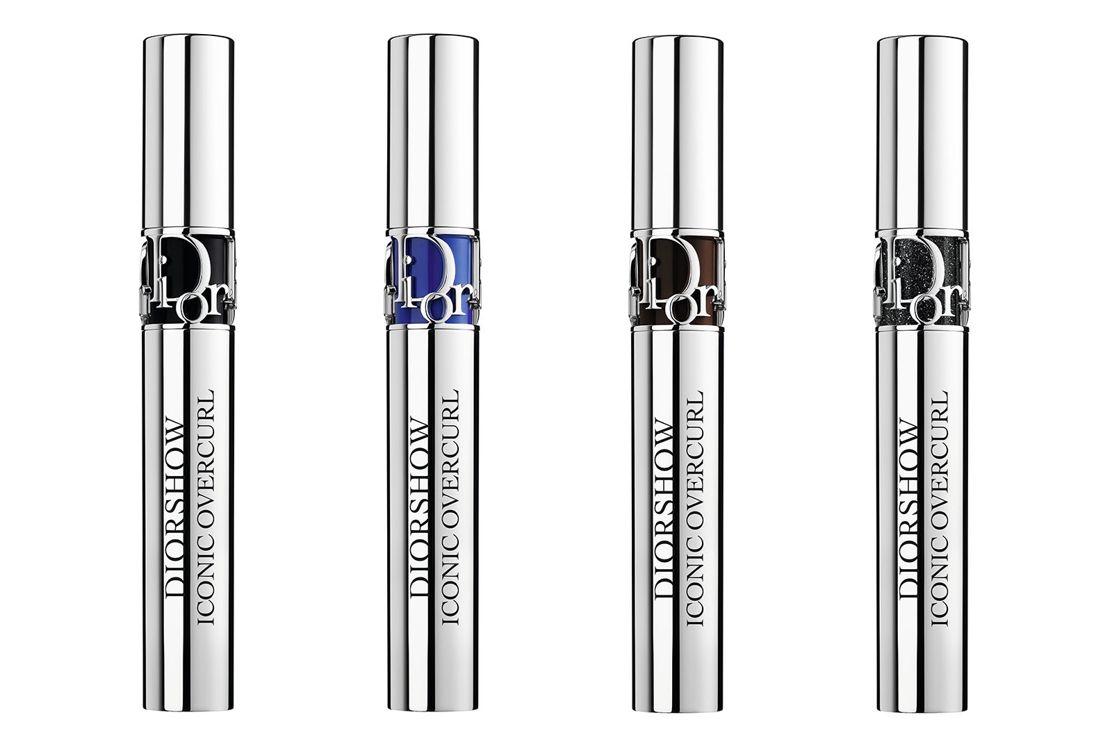 （左から）「マスカラ ディオールショウ アイコニック オーバーカール090 ブラック」 「同264 ブルー」 「同694 ブラウン」「同074 オーバー シークインス」＜限定色＞ （提供写真）