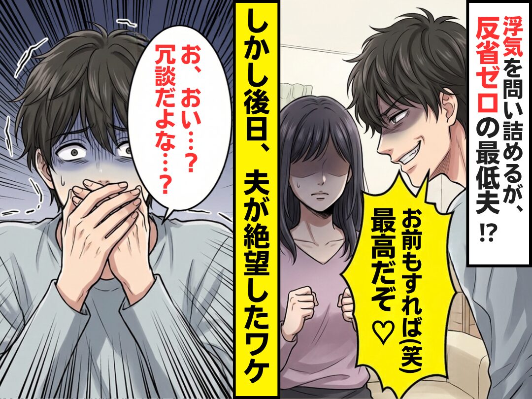 浮気を問い詰めると「お前もすれば（笑）最高だぞ♡」最低な夫。しかし後日⇒「お、おい…？冗談だよな…？」夫が絶望したワケ