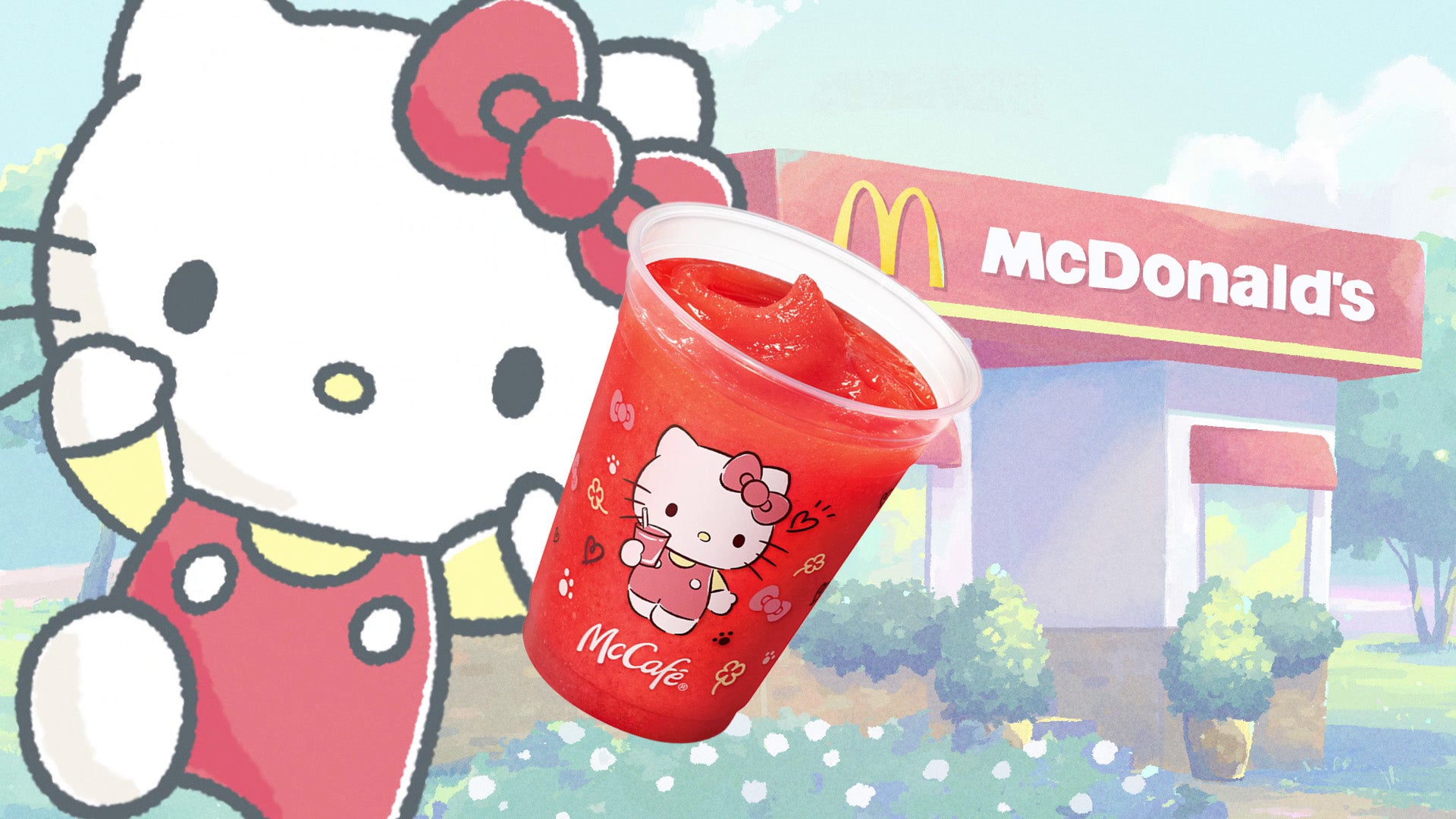 ハローキティのジューシーいちごスムージー／マクドナルド新CM「マックに甘いの飲みにこないか キティとプリン」篇より（提供写真）