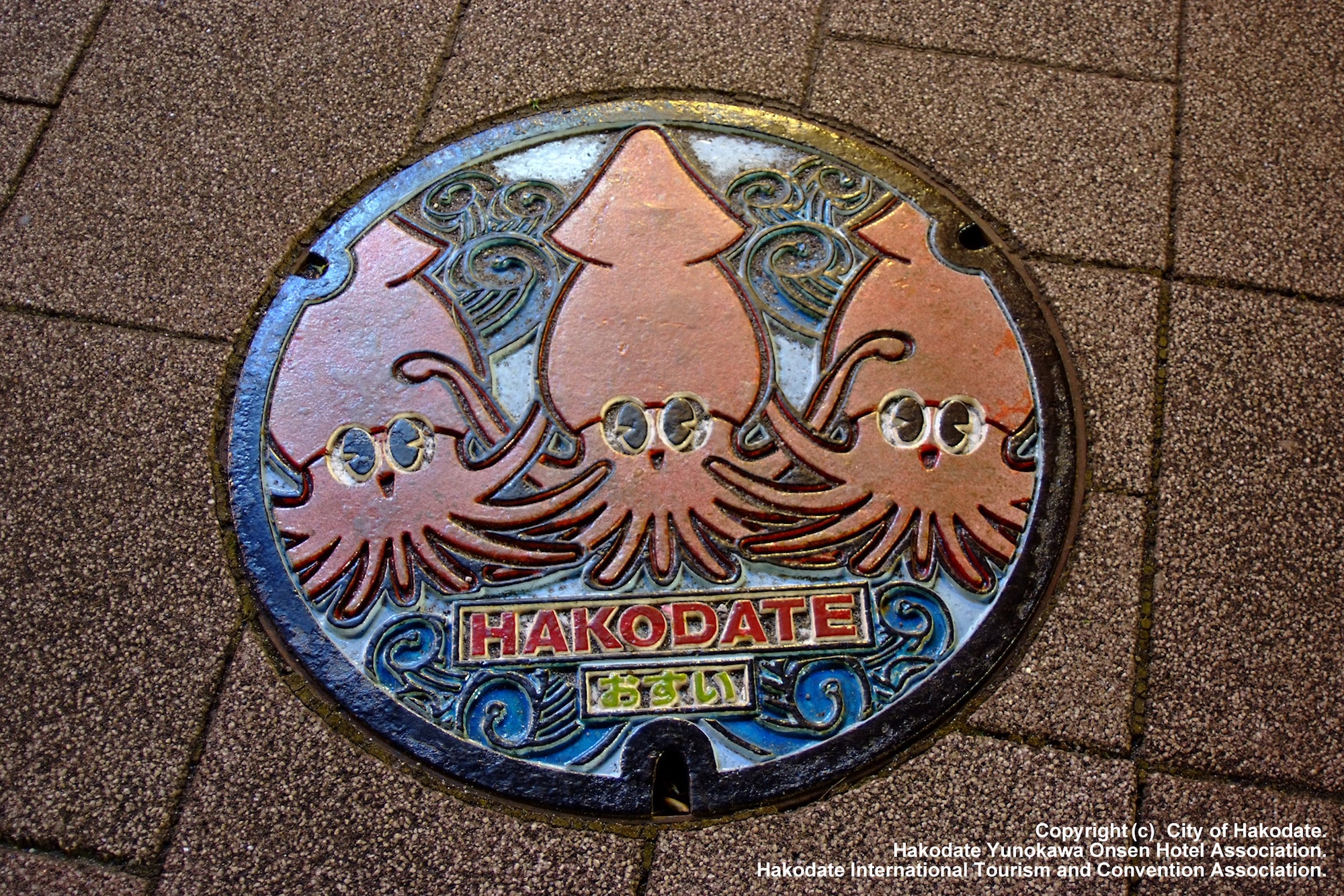 函館ならではのイカモチーフのデザインマンホール（提供画像：函館市観光部）