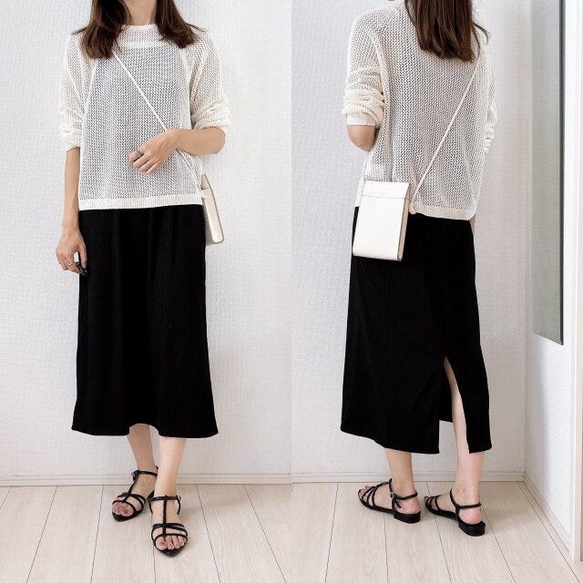 3Dメッシュクルーネックセーター　キャミソールワンピース　コーデ