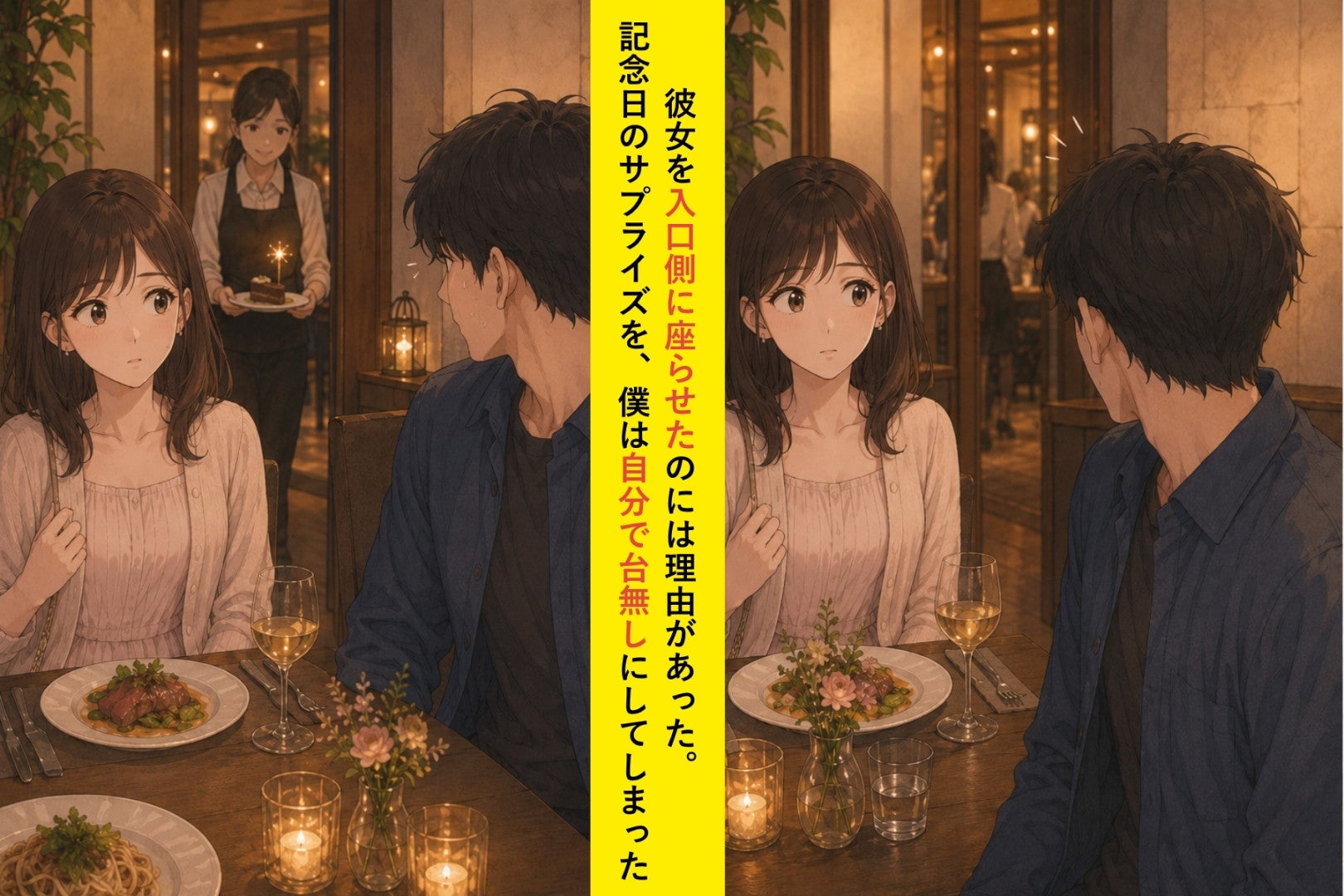 彼女を入口側に座らせたのには理由があった。記念日のサプライズを、僕は自分で台無しにしました