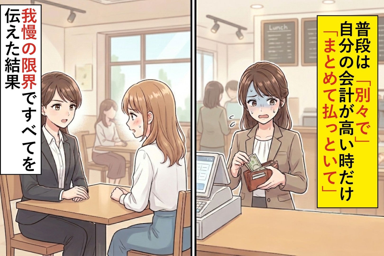 普段は「別々で」自分の会計が高い時だけ「まとめて払っといて」→我慢の限界ですべてを伝えた結果