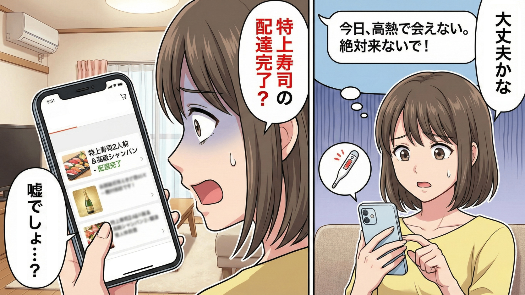 「高熱だから絶対来ないで」同棲直前、看病を拒否する彼。その直後、共有アプリに『特上寿司2人前』の配達完了通知が！？家へ突撃すると【衝撃の事実】が発覚して...！