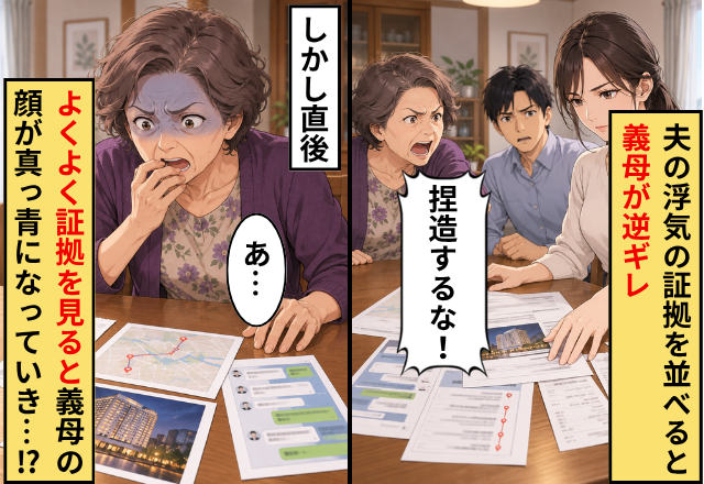 夫の浮気の証拠を並べると…義母「捏造するな！」しかし直後⇒よくよく“証拠”を見ると、義母の顔が真っ青になっていき…！？