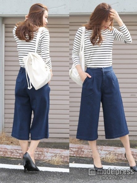 ボーダーに白小物も投入すればマリンテイストにも！／デニムガウチョパンツ「LuzLlena」2,770円（税込）