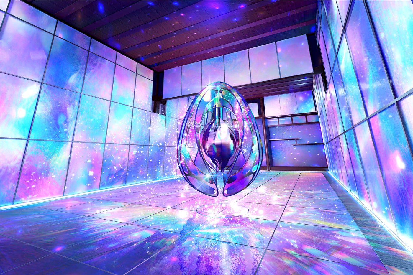 和室の四方と床がアクリルやプリズムに囲まれた「プリズムルーム」（大阪府）／シークレットミュージアム Yanai Yamaguchi／提供画像