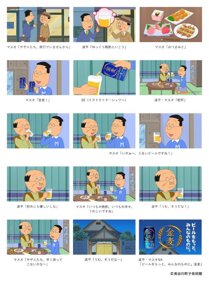 金麦「サザエさん」コラボレーション オリジナルWEB CM「いつもの晩酌、いつもの幸せ」篇 ストーリーボード(提供写真)