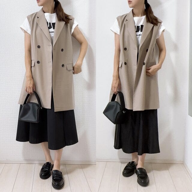 GU　オーバーサイズダブルブレストベスト　スカートコーデ