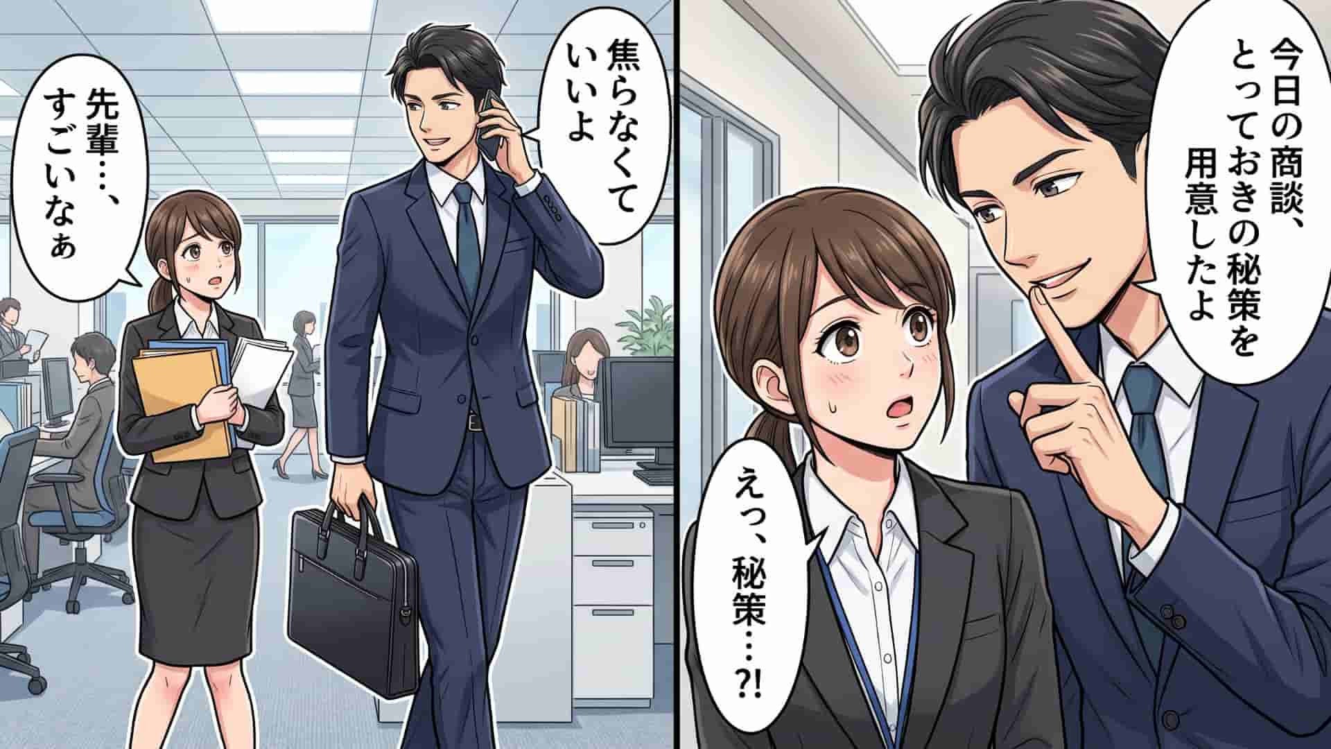 【職場】営業トップの先輩に初めて同行。1位に輝くための『とっておきの秘策』が予想外すぎて、主人公困惑...！？