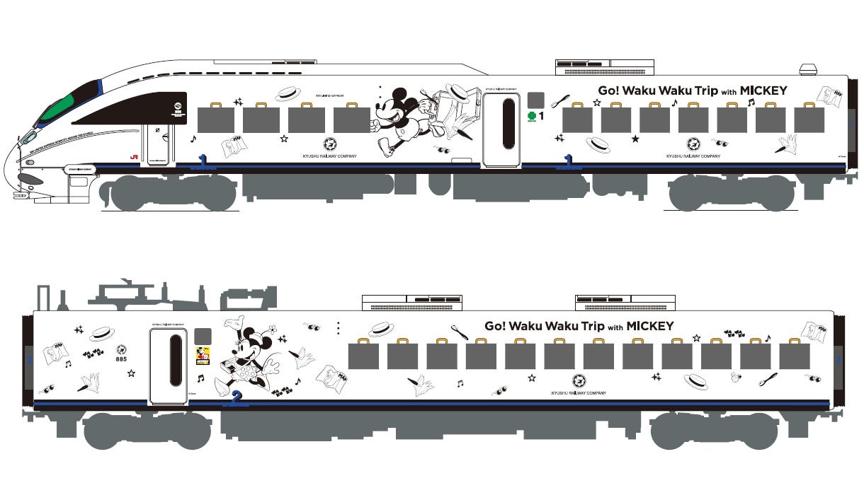 ミッキー&ミニーの新デザイン特急公開、九州各地を新幹線&特急の4編成が走行