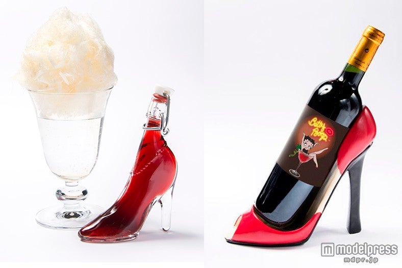 （左から）ローズ、ハイビスカス、ザクロが香る「コットンキャンディの思い出」￥1，500、「お気に入りのハイヒール　ボトルワイン」赤・白￥5，500、赤微発泡・白スパークリング￥6，500