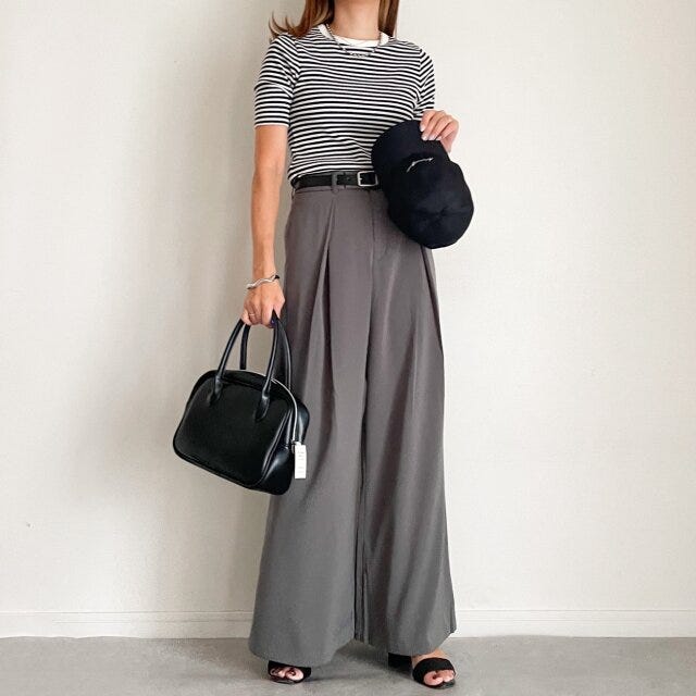 GU　スーパーワイドパンツ　コーデ　ボーダートップス