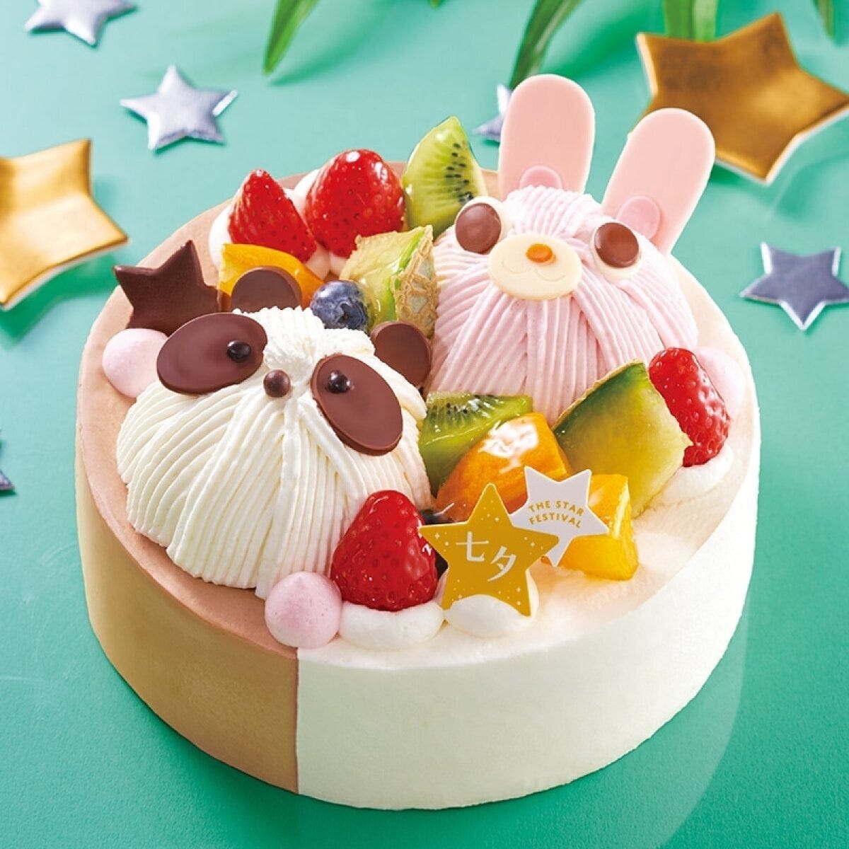 うさぎとパンダの顔が可愛い七夕デコレーションケーキ