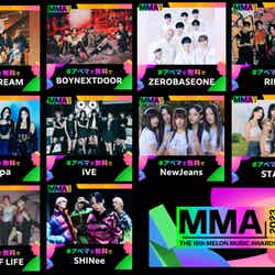 （上段左から）NCT DREAM、BOYNEXTDOOR、ZEROBASEONE、RIIZE（中段左から）aespa、IVE、NewJeans、STAYC（下段左から）KISS OF LIFE、SHINee（C）2023 Melon Music Awards（MMA2023）