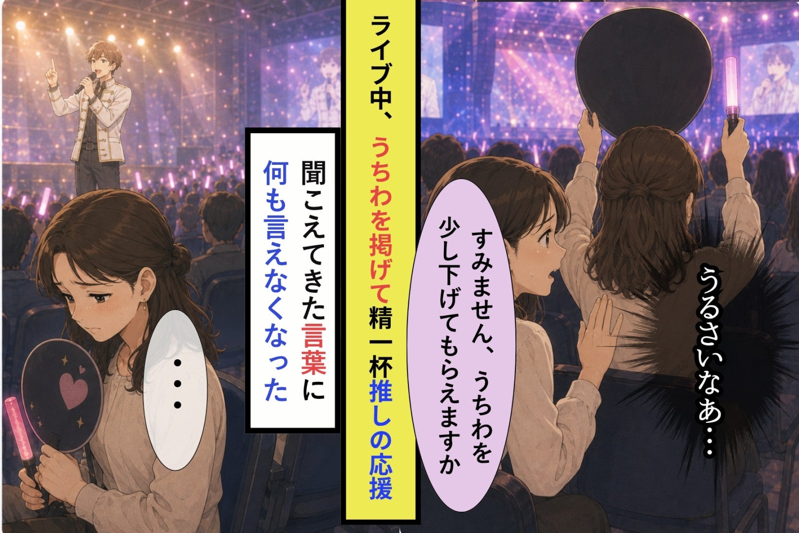 ライブ会場でうちわを高く掲げた私→後ろの声に「今、いいところなんで」と言った