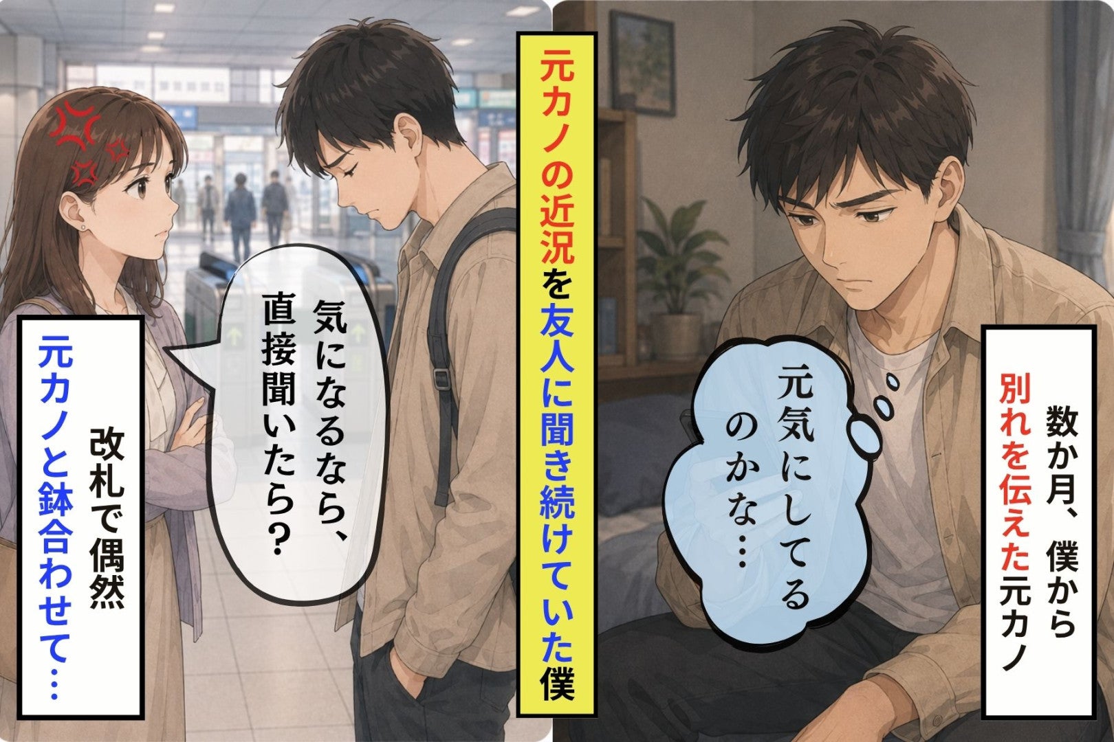 別れた彼女の近況を、友人に聞き続けていた僕、改札前で鉢合わせた日、後から届いた伝言とは