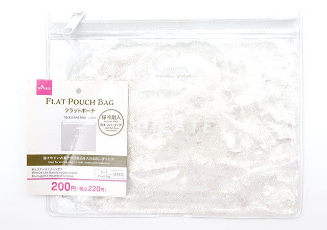 ダイソー　フラットポーチ（保冷剤入、ロゴ）　商品タグ