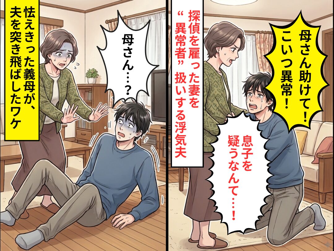 「母さん助けて！」探偵を雇った妻を“異常者”扱いする浮気夫。しかし数分後⇒怯えきった義母が、夫を突き飛ばしたワケ