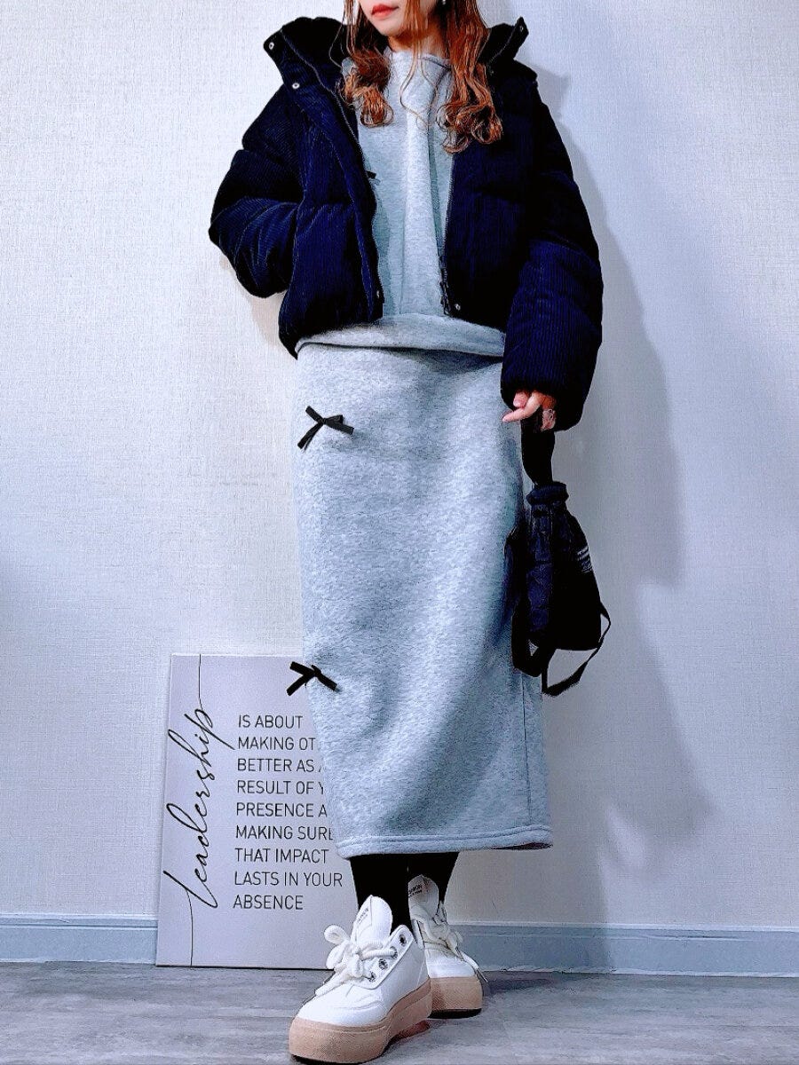 GUウォームパデッドコーデュロイブルゾンとスウェットセットアップコーデ