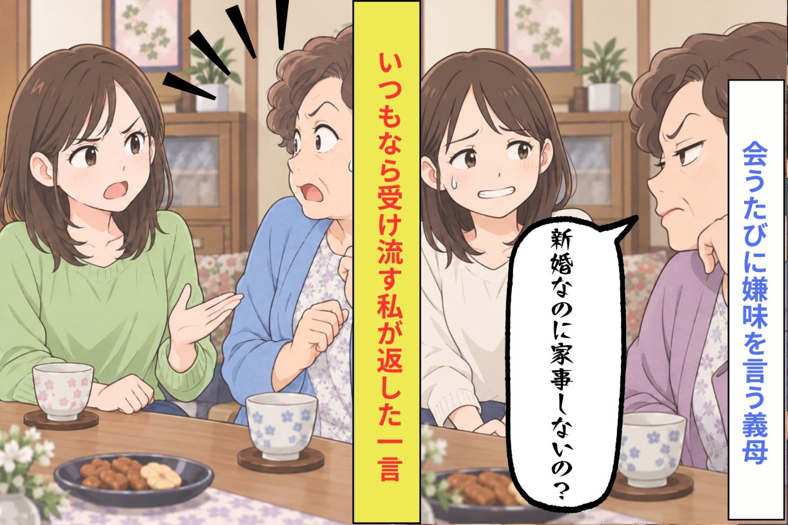 「新婚なのに家事しないの？」会うたびに嫌味を言う義母に、義実家の居間で私が言い返した一言