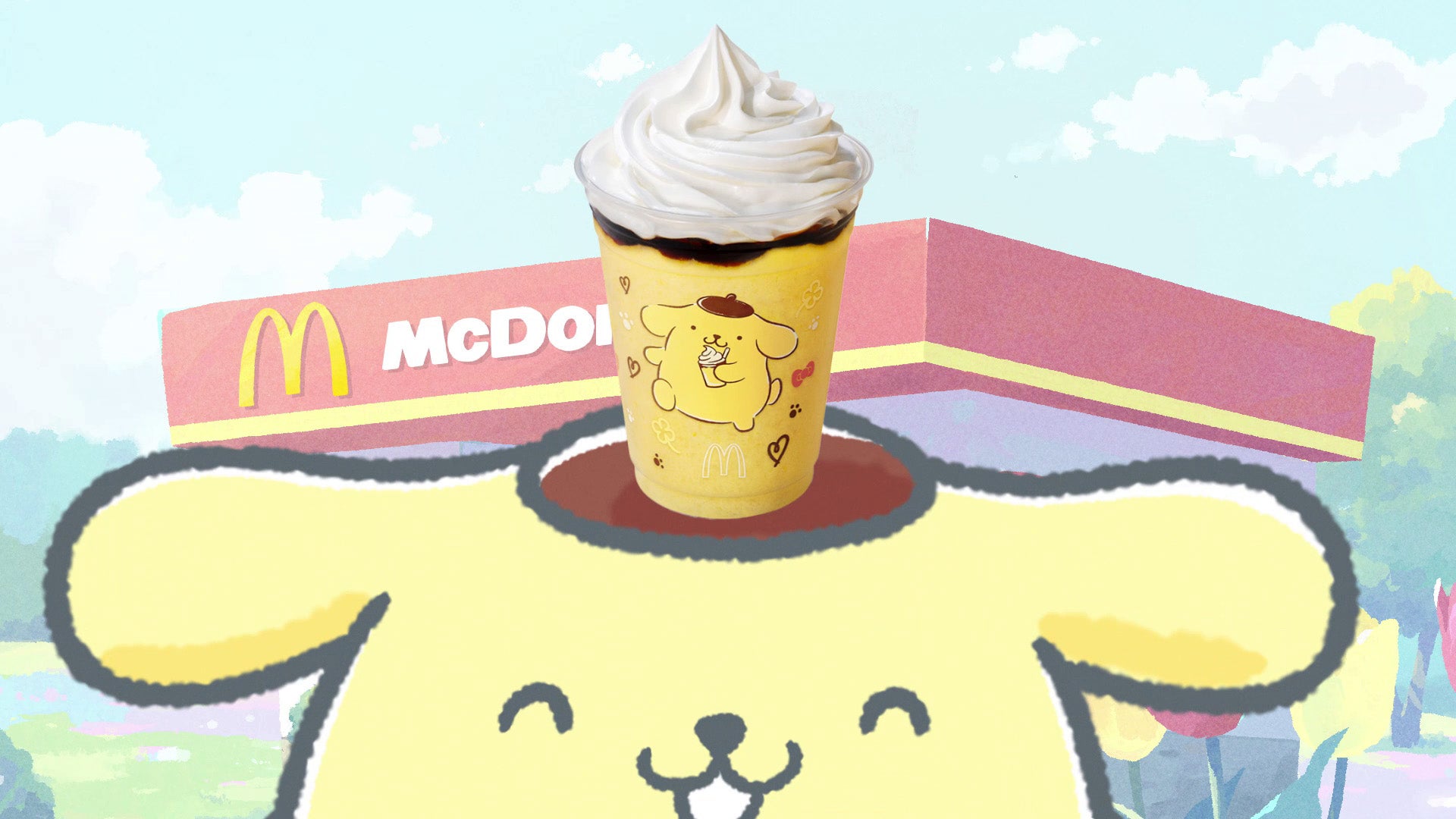 ポムポムプリンのクリーミープリンフラッペ／マクドナルド新CM「マックに甘いの飲みにこないか キティとプリン」篇より（提供写真）