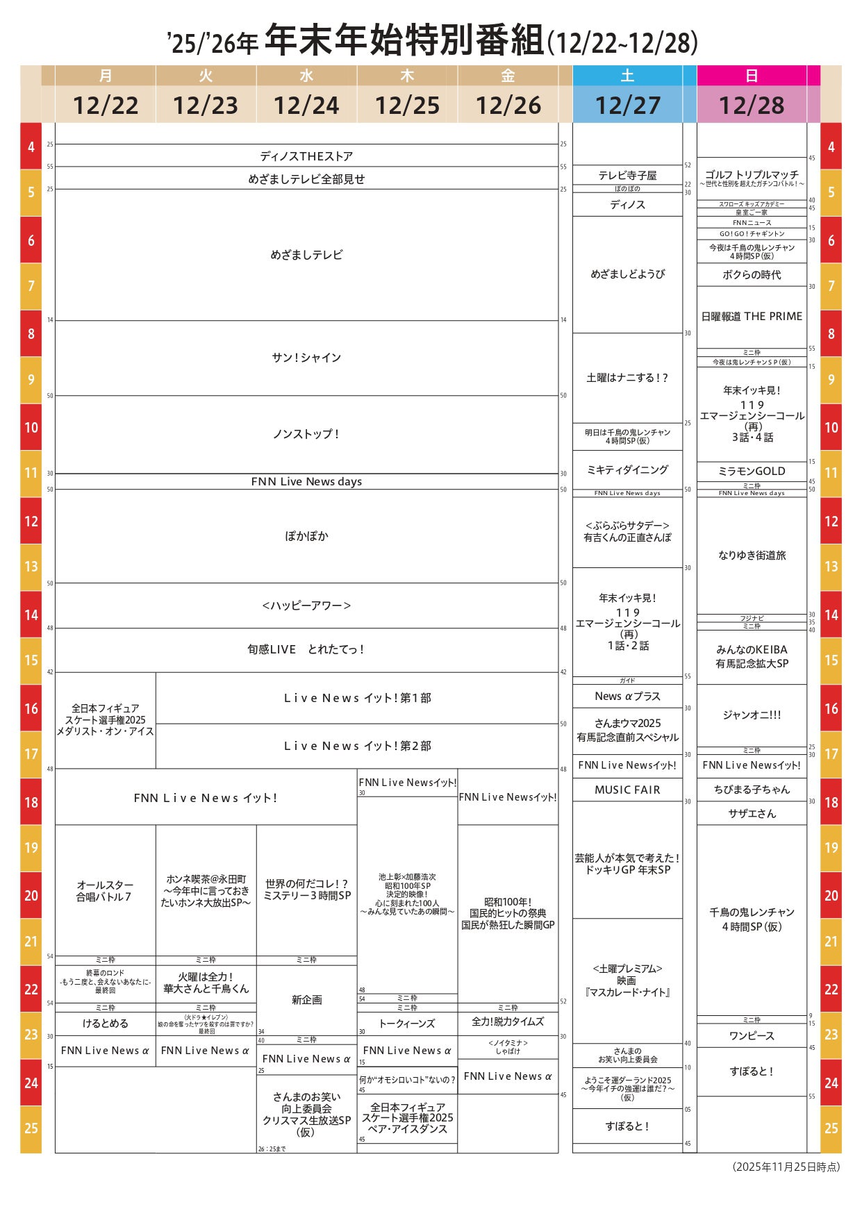 2025年-2026年年末年始特別番組タイムテーブル（提供写真）