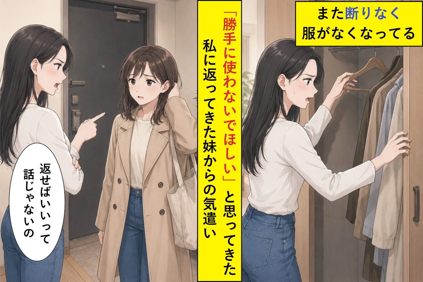 私の服も物も勝手に使う妹に、たまりかねて「返せばいいって話じゃないの」と言った