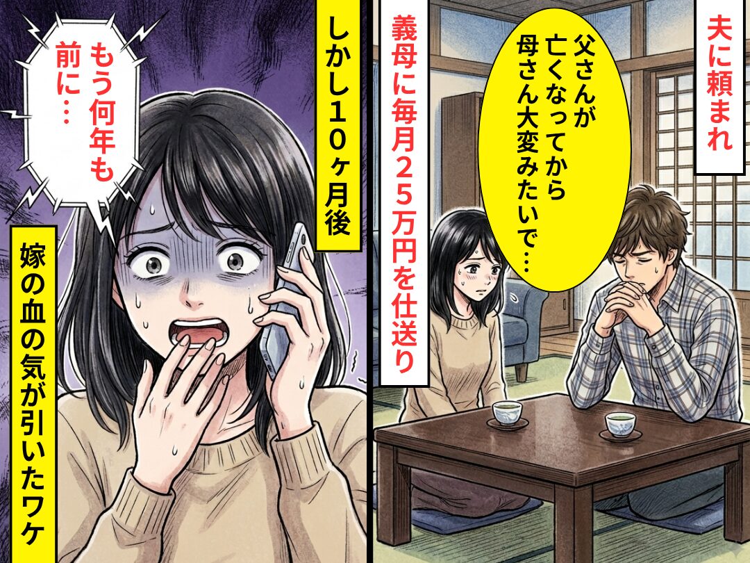 夫に頼まれ…義母に【毎月25万円】を仕送り。しかし「もう何年も前に…」⇒血の気が引く【真実】が明らかになった話