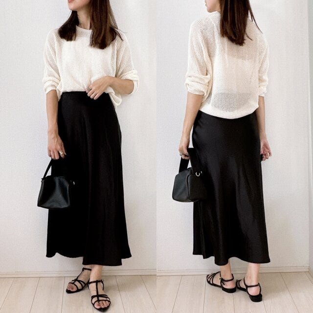 3Dメッシュクルーネックセーター　サテンスカート　コーデ