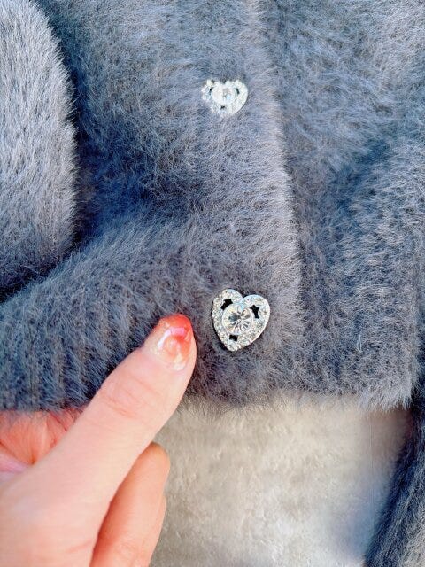 GUシャギーニットハートビジューボタンカーディガン GUシャギーニットハートビジューボタンカーディガン ダークグレーのハートビジュー