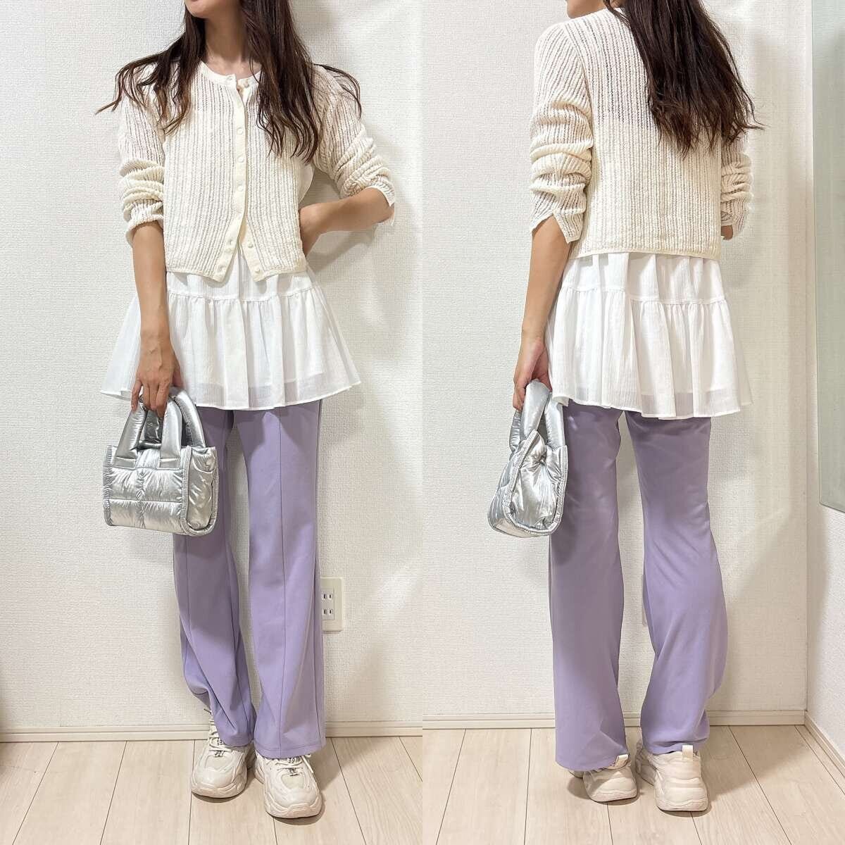 GU　キャミソールチュニック　コーデ　パープルパンツ　透かし編みカーディガン