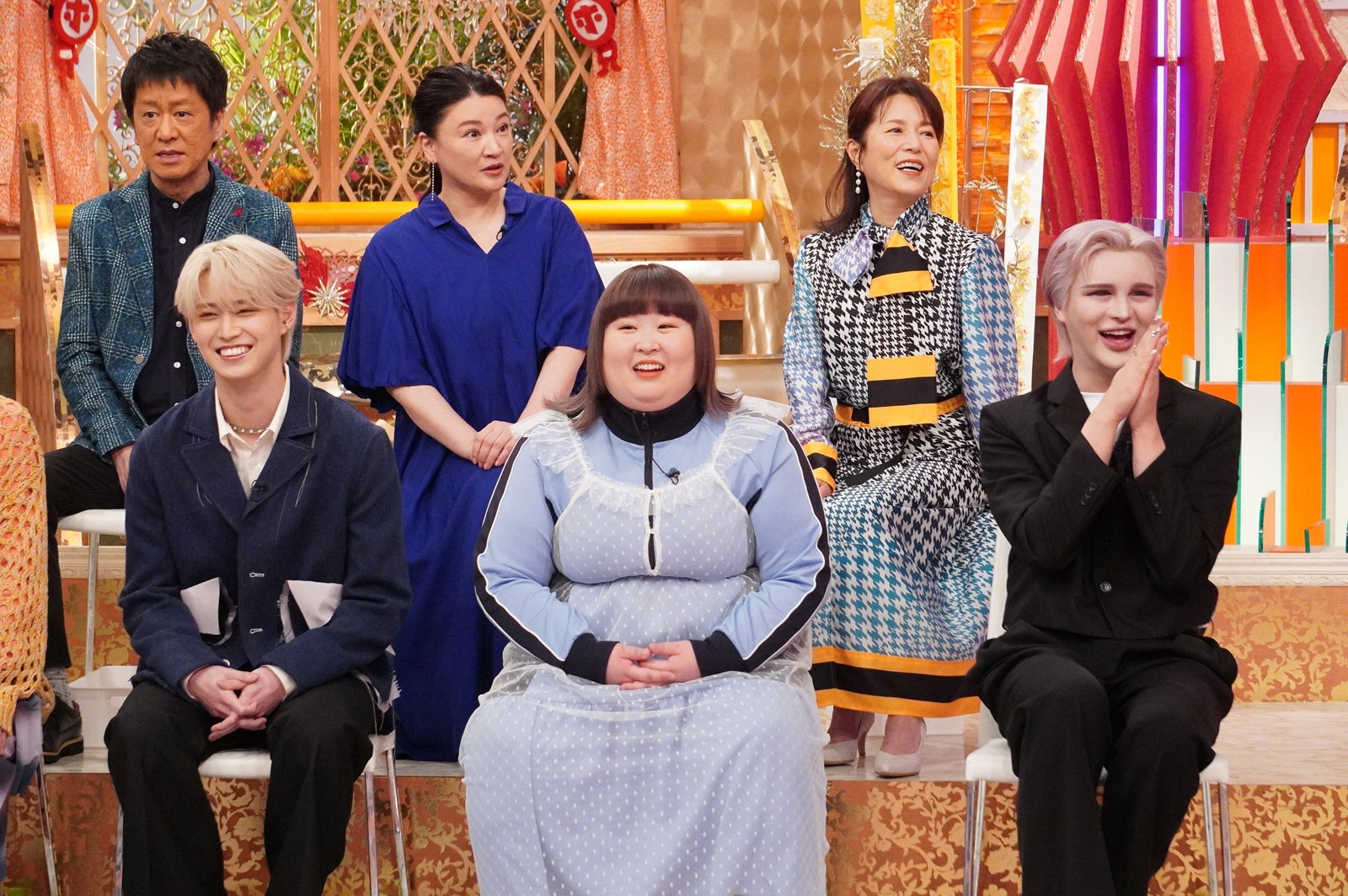 （後列左から）吉田敬、島崎和歌子、磯野貴理子（前列左から）白岩瑠姫、かなで、Matt Rose（C）フジテレビ