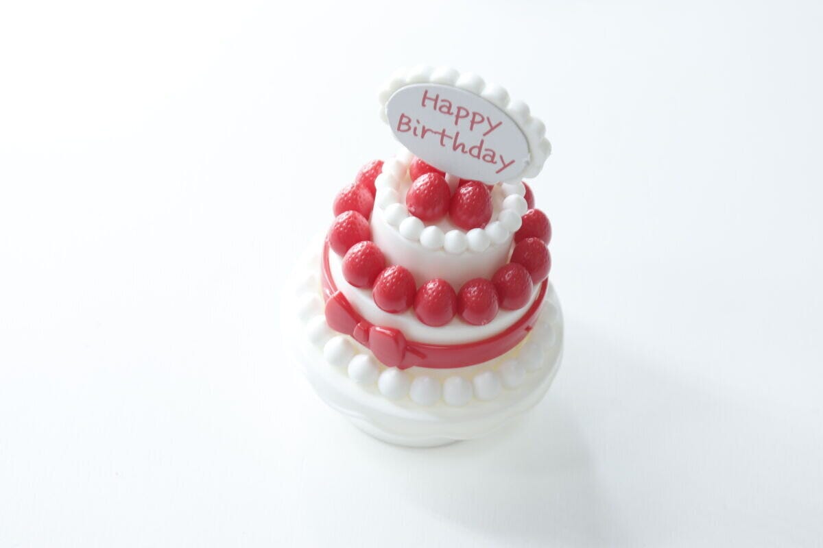 完成した白い二段のいちごケーキに「Happy
