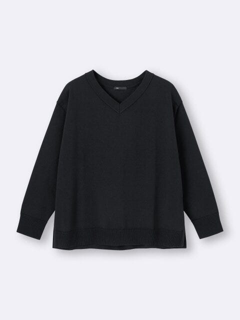 2025gu大人女性おすすめ黒オーバーサイズVネックニットプルオーバー