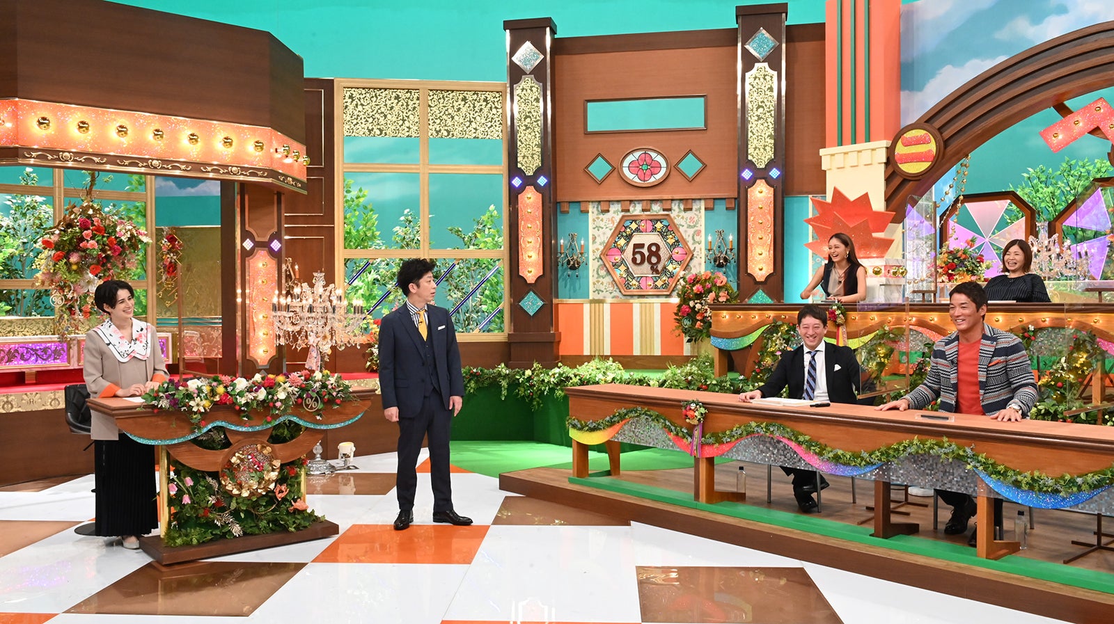 MCホラン千秋＆後藤輝基とゲスト（上段左から）みちょぱ、大久保佳代子（下段左から）高橋茂雄、長嶋一茂 （C）テレビ朝日