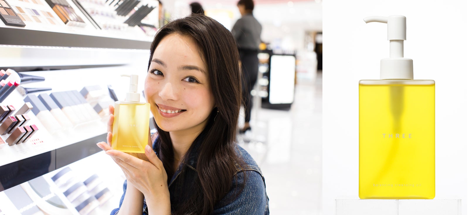 THREE／バランシング クレンジング オイル3,360円／商品画像提供：THREE／モデル：比留川良子、百済友希