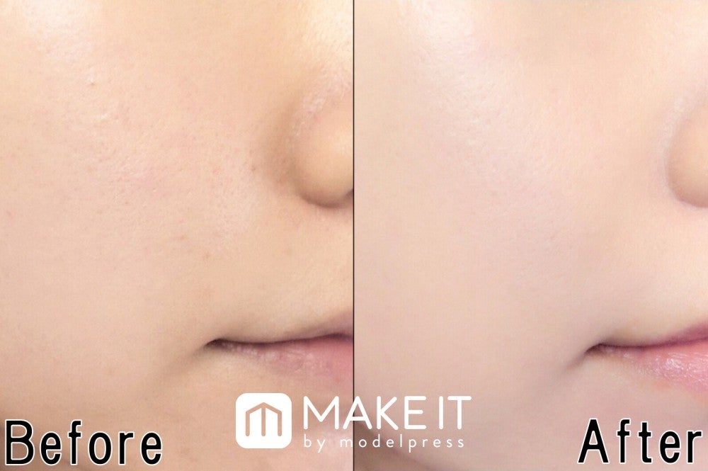 左・素肌／右・【KATE】「シークレットスキンメイカーゼロ（リキッド）」“02”使用 (C)メイクイット