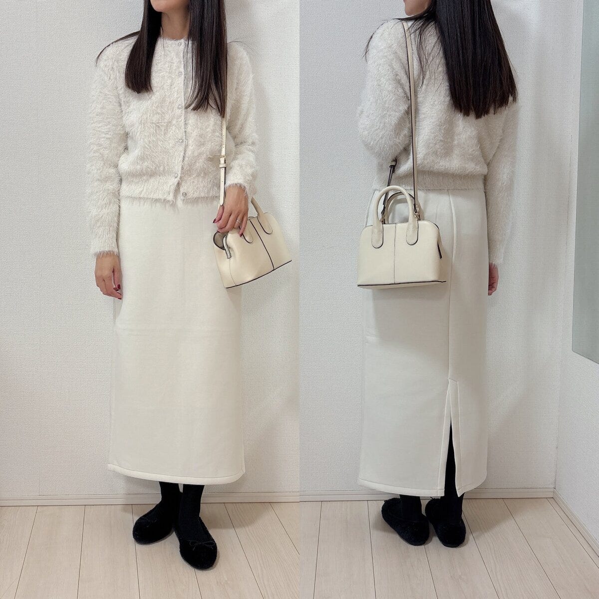 GUパフスウェットナロースカートとホワイトカーディガンコーデ