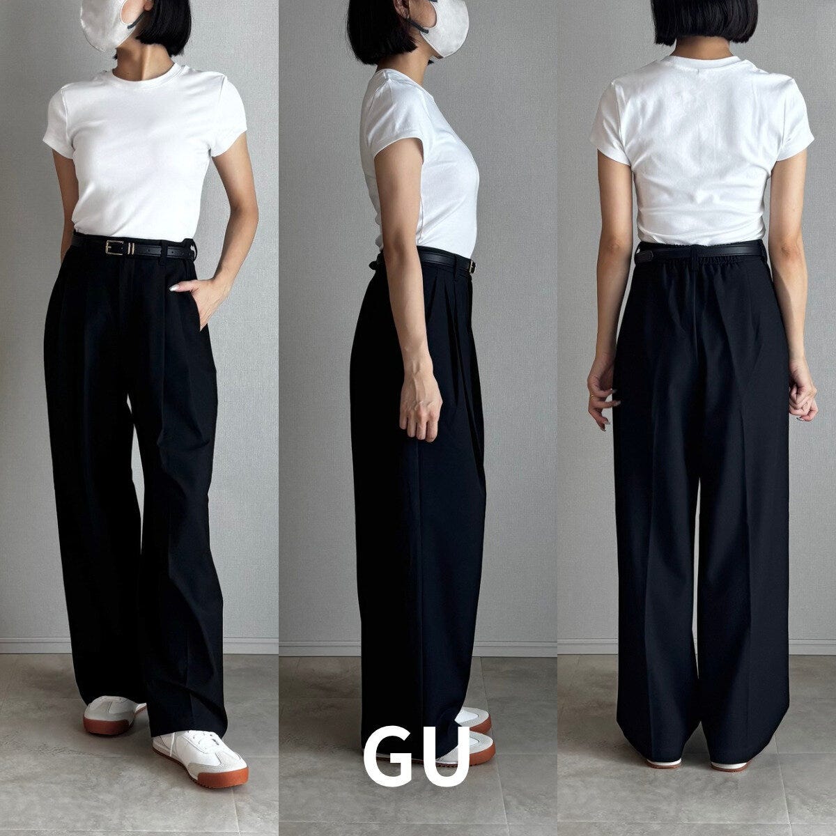 ベルトでウエスト調整したGU黒ワイドパンツの女性の全身3方向