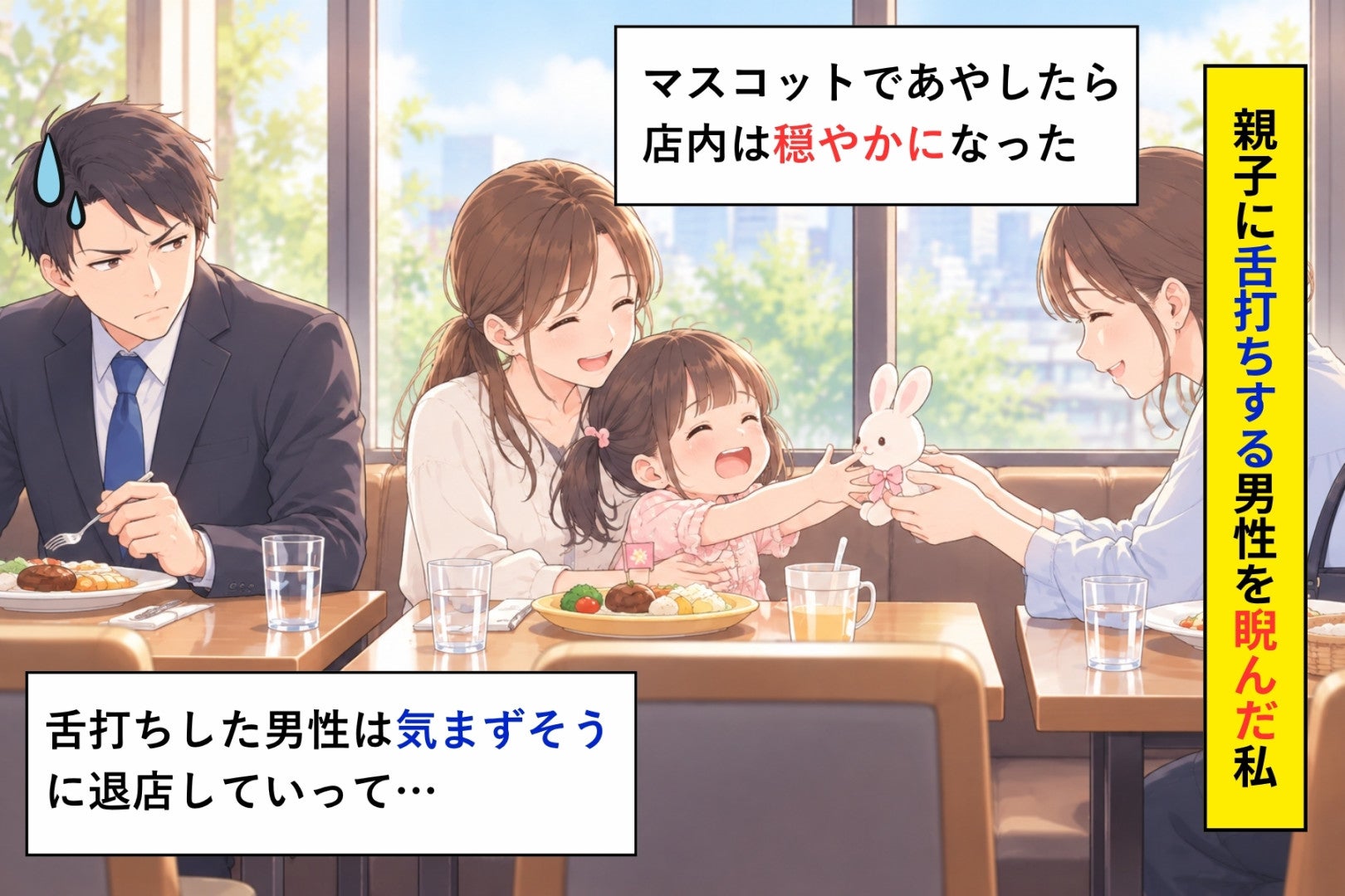 「うるせえな」レストランで子ども連れに舌打ちした男性→睨んだ私が、隣の席の女の子に差し出したもの