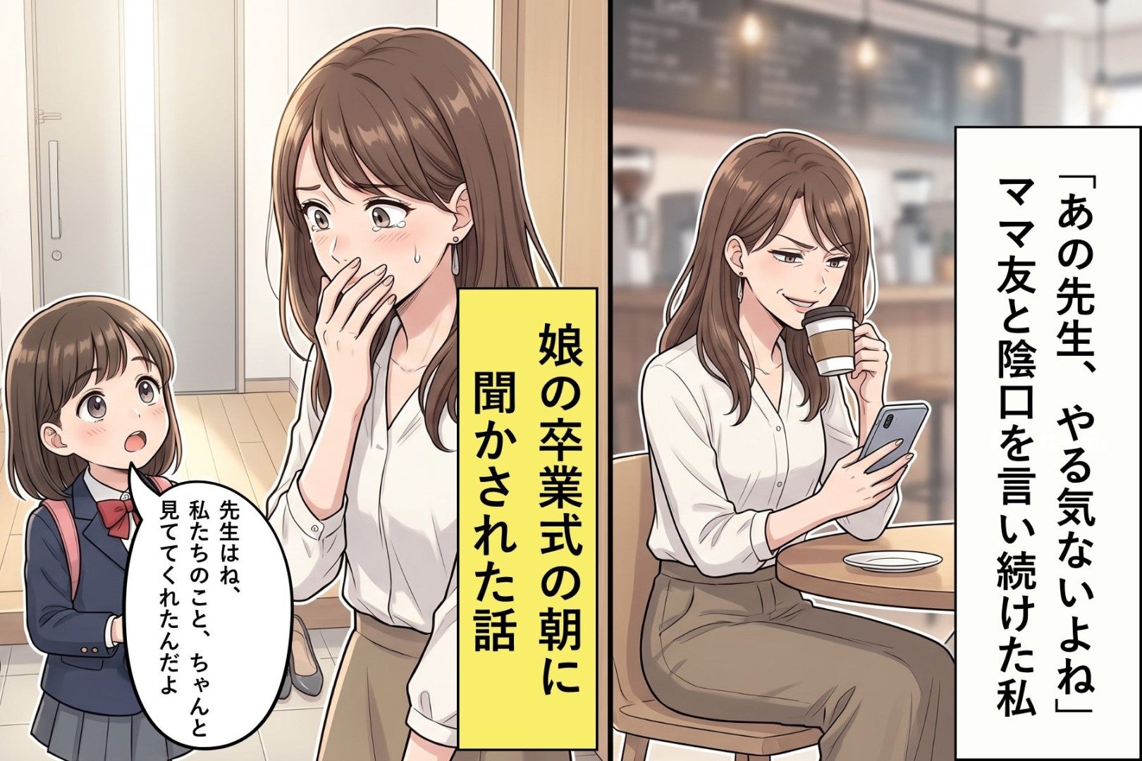 「あの先生、やる気ないよね」ママ友と陰口を言い続けた私が、娘の卒業式の朝に聞かされた話