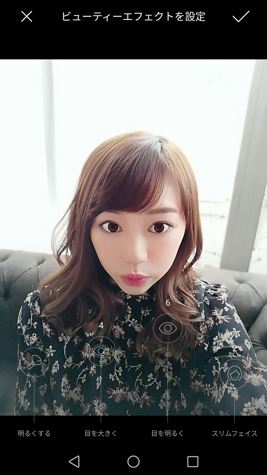 目の大きさ、明るさ、フェイスラインなど10段階で設定