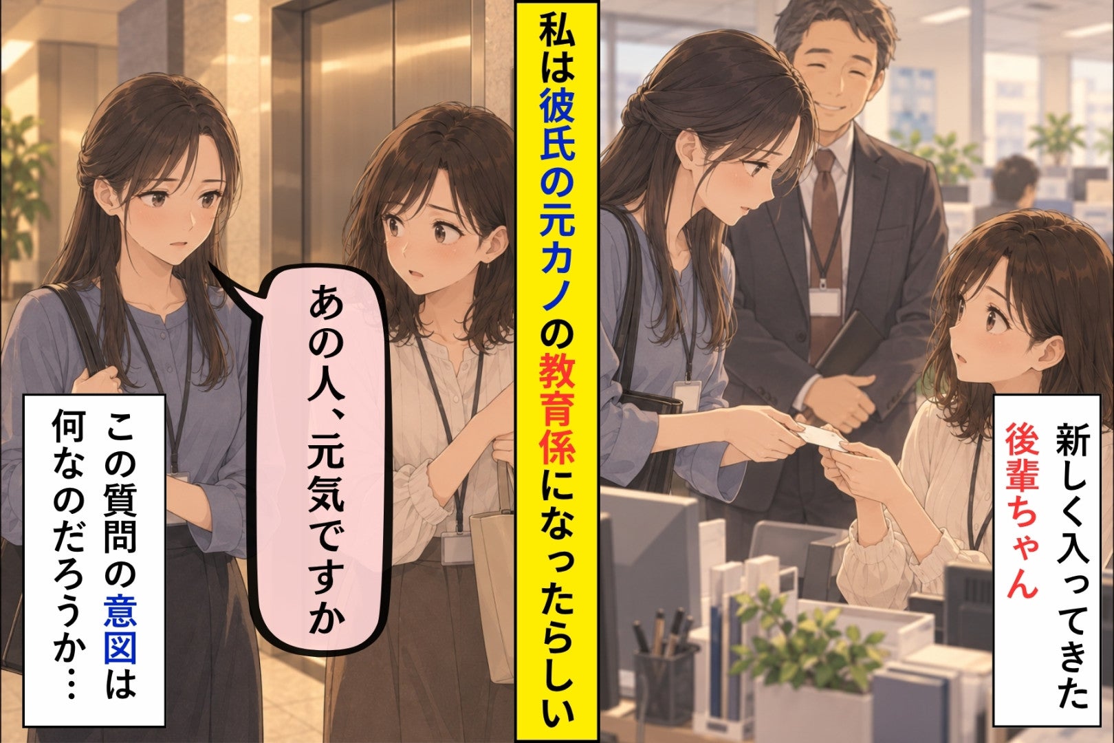 新しく入った後輩は彼の元カノだった→挨拶の日、彼女は私の目を見て「あの人、元気ですか」