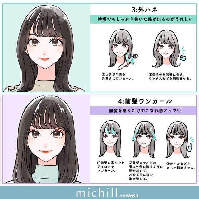 巻き髪　簡単すぎ　誰でもできる　今っぽヘア　8style　あおいみのこ　イラスト　外ハネ　前髪ワンカール