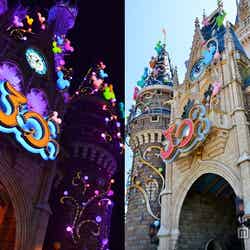 東京ディズニーランド「シンデレラ城」30周年特別仕様に衣替え／昼（右）と夜（左）