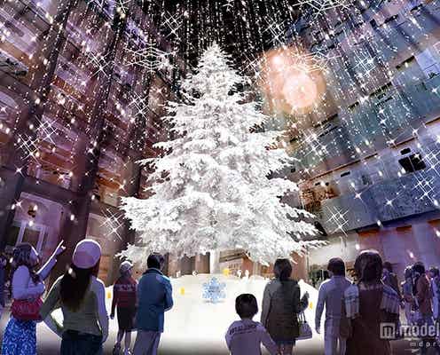 屋内最大級の純白ツリーが登場、夜はライトアップ&雪が舞う